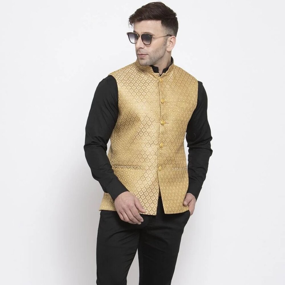 Banarasi Rayon Cotton Gold Modi Nehru Jacket